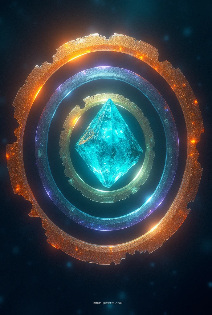 A cyan crystal,  with 7 rings orbiting around the crystal, and each hoop is bigger than the last, the 1st rim is dark orange in color, 2 has the color of lead, the 3rd neon green color, 4 has the color of copper, o 5 tem a cor purpura, the 6 has a shiny silver color, 7 has a bright, shiny gold color.