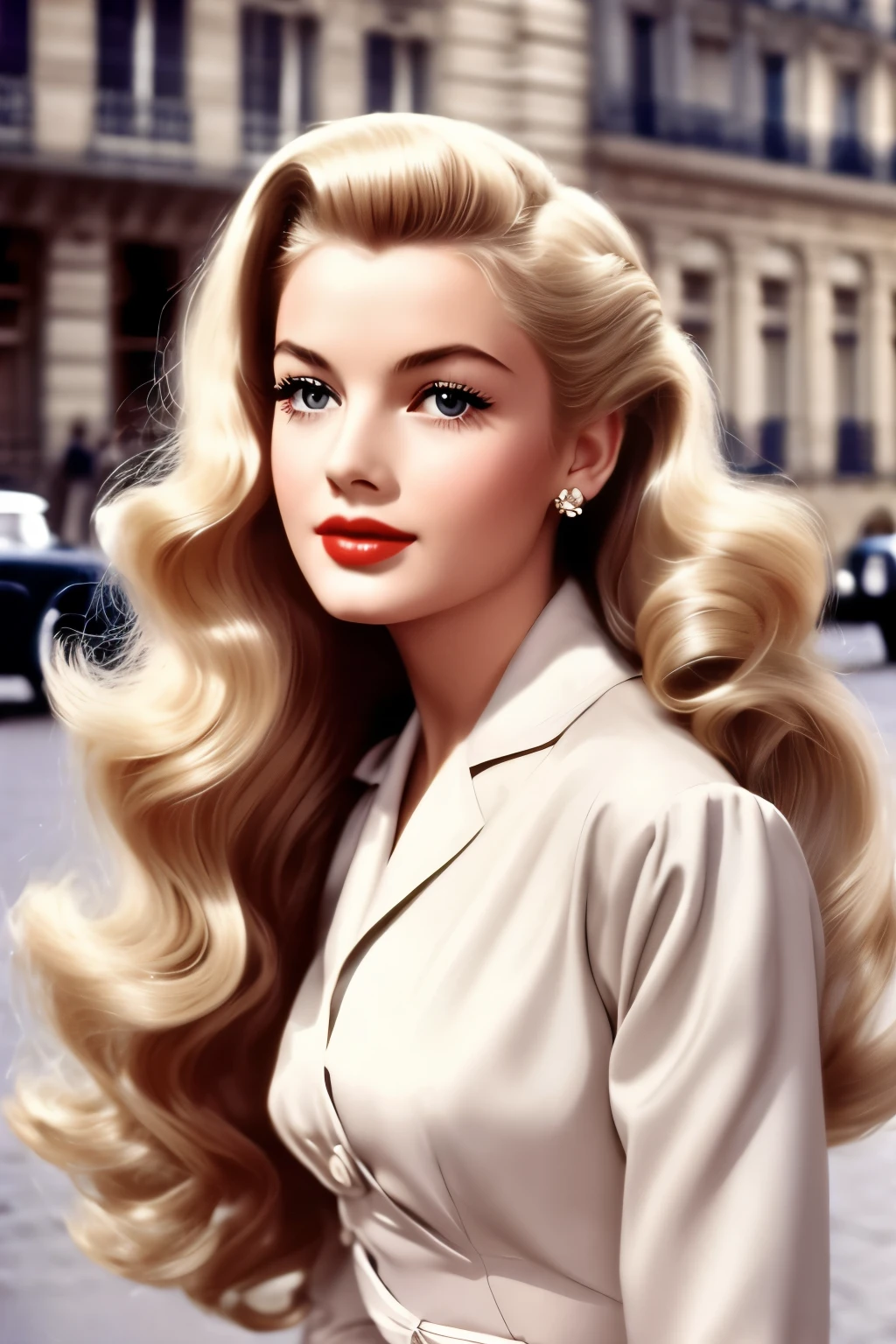 1955 film still movie, blonde long hair, elegant parisian girl wearing chic style,Wavy Hair, 