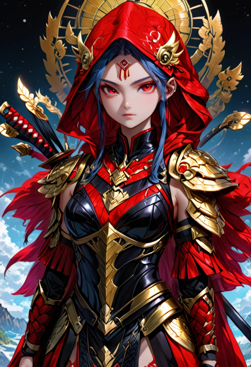 (masterpiece, best quality, beauty, best ratio, best shadows,best Illustration, wallpaper size,1080×2400 pixels,detailed face,1girl, warrior theme, ultra detailed costume) 

Uhd,ultra realistic, legendary hero  female archer tomoe gozen samurai archer (big clear eye, golden ratio face , young girl crush vibe, full posture visible) female fierce heroin in red japan archer armor attire with red hood),with japan style tatto in leg.

all use high detailed japan astrology on attire, all in attacking pose while 2 hand holding majestic minamoto clan steel arrow and quiver on her back.

Background is japan open paddie field in japanese style on snowing hill.

Cinematic lighting,full length lens,advertising photo.cinema lens,high res,side light