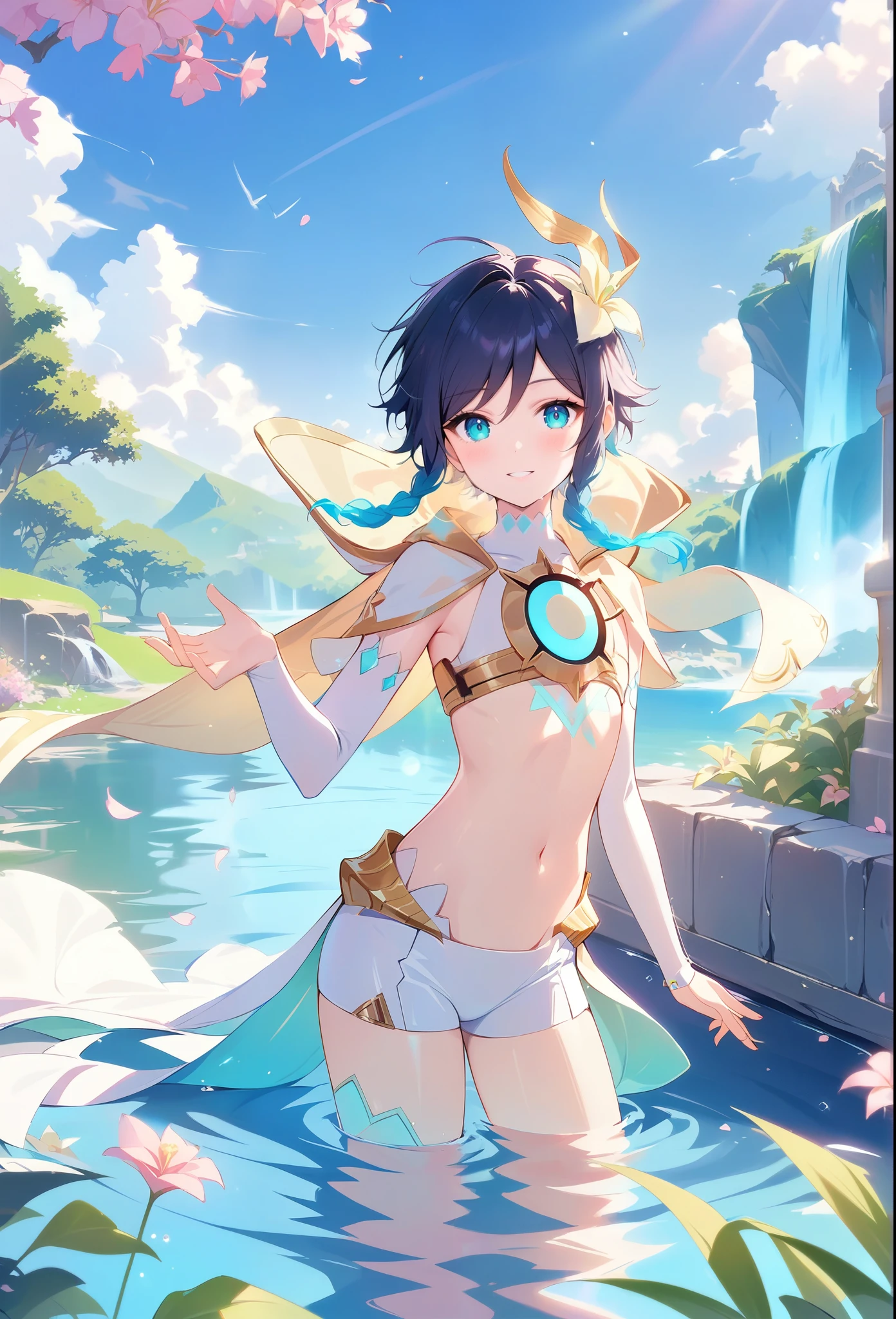 (masterpiece,best quality,4k,8k,absurdres:1.2),1boy,flat chest,venti_(archon)_(genshin_impact),bare stomach,graceful,black hair,ancient ruins,manga,natural lighting,full background,beautiful,perfect,building,scenery,garden,surreal,isolated,water,ocean,floating particles,vivid,fantasy:1.1,shimmer,shallow depth of field,perfect lighting,bloom,day,atmospheric,blue sky,above the clouds,windy,flying petals,tree,waterfall,water,stream,dappled sunlight,halation:0.8,paradise,highres,dsmile,an extremely delicate and beautiful, extremely detailed ,CG ,unity ,8k wallpaper, Amazing, finely detail,carnelian,realistic:.25,colored pencil