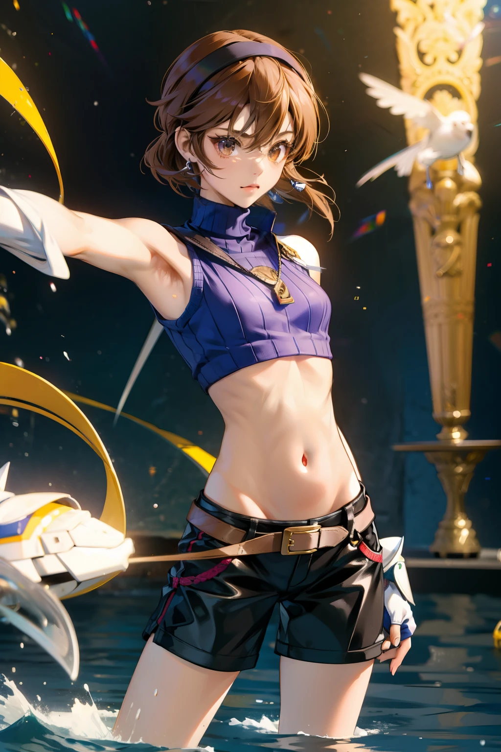 (volumetric lighting, Highres), (Detailed Illustration), Ultra-Detailed, 8k, nsfw, (detailed background, complex background:1.2), <lora:Konoha:0.6> KonohaDef,brown eyes, blush, smile, short hair, brown hair, animal ears, tail, dog ears, dog tail, dog girl, konoha \(arcana heart\),paw print, thighhighs, thick thighs, skindentation, gloves, elbow gloves, fingerless gloves, scarf, cape, headband, thigh gap, fishnets, gym uniform, buruma, fishnet thighhighs, blue buruma,cameltoe <lora:add_detail:.6> <lora:hairdetailer:0.6>