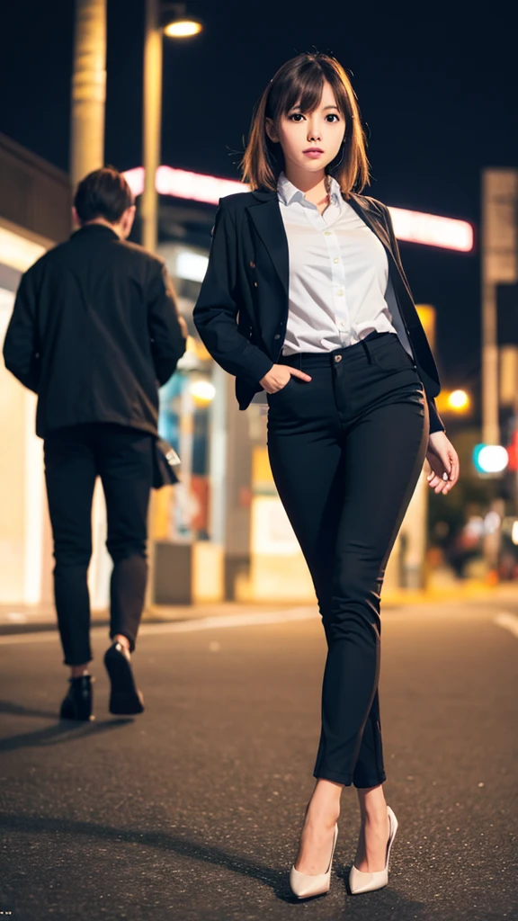 stretch legs, Standing Upright, from front, (1girl,solo), (aichan:1.3), large breasts, large butt, neat and beautiful girl, beautiful detailed eyes, brown short hair, layered hair, fluffy hair, bangs, glossy lips,
BREAK,

(black jacket), (black pants:1.3), (white shirt), (black heels),
Stoic face, street, night time, 

16K, masterpiece, highly detailed, absurdres, highest quality, real image, intricate details, Super detailed, ultra high resolution, (realistic:1.2),
