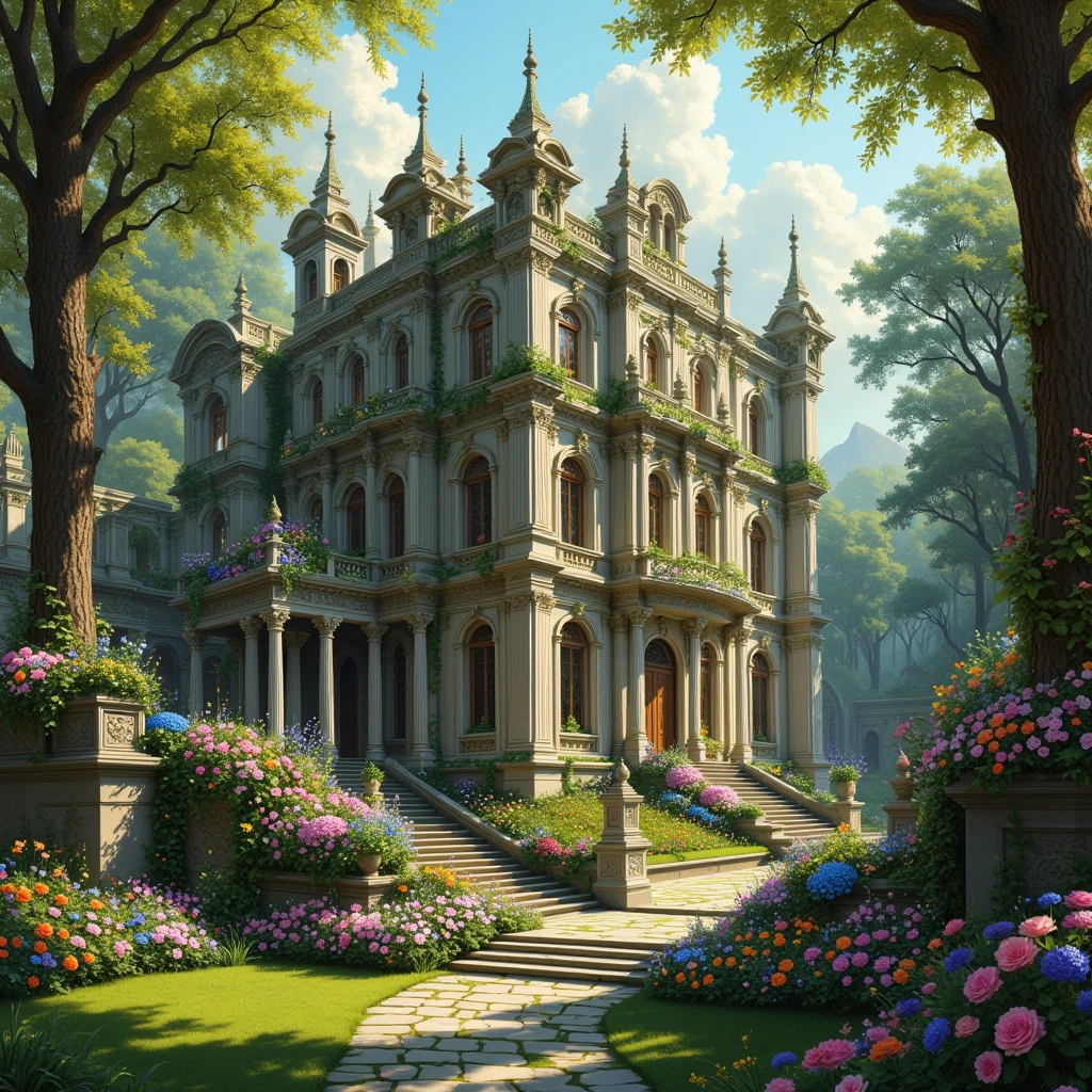 (masterpiece:1.3),(highest quality:1.4),(ultra detailed:1.5),High resolution,extremely detailed,unity 8k wallpaper,landscape,rococo style building,flowers and trees