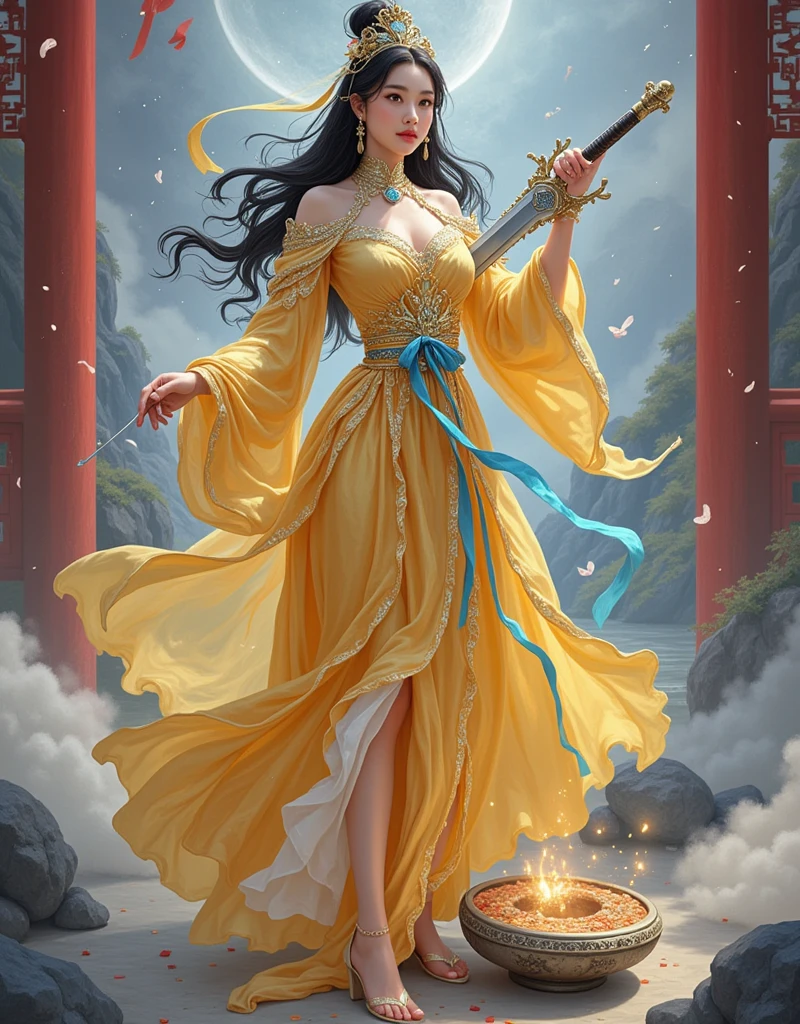 Beautiful Chinese art style illustrations，Depicts a queen holding a sword and a magic altar。She was dressed in a gorgeous golden dress.，A blue ribbon is tied around his neck。The Queen has dark hair and dark eyes，The background is a Chinese fantasy world with mythological and traditional Nantianmen elements, 1wdnh1