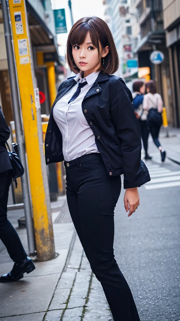 stretch legs, Standing Upright, from front, (1girl,solo), (aichan:1.3), large breasts, large butt, neat and beautiful girl, beautiful detailed eyes, brown short hair, layered hair, fluffy hair, bangs, glossy lips,
BREAK,

(black jacket), (black pants:1.3), (white shirt), (black heels),
Stoic face, street, night time, 

16K, masterpiece, highly detailed, absurdres, highest quality, real image, intricate details, Super detailed, ultra high resolution, (realistic:1.2),
