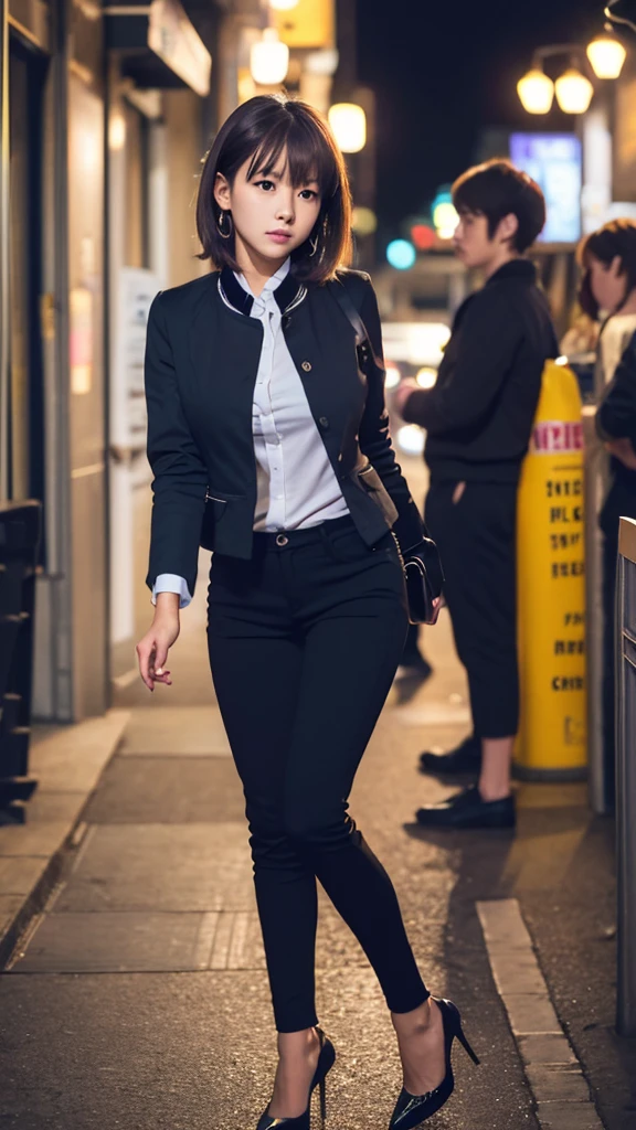 stretch legs, Standing Upright, from front, (1girl,solo), (aichan:1.3), large breasts, large butt, neat and beautiful girl, beautiful detailed eyes, brown short hair, layered hair, fluffy hair, bangs, glossy lips,
BREAK,

(black jacket), (black pants:1.3), (white shirt), (black heels),
Stoic face, street, night time, 

16K, masterpiece, highly detailed, absurdres, highest quality, real image, intricate details, Super detailed, ultra high resolution, (realistic:1.2),
