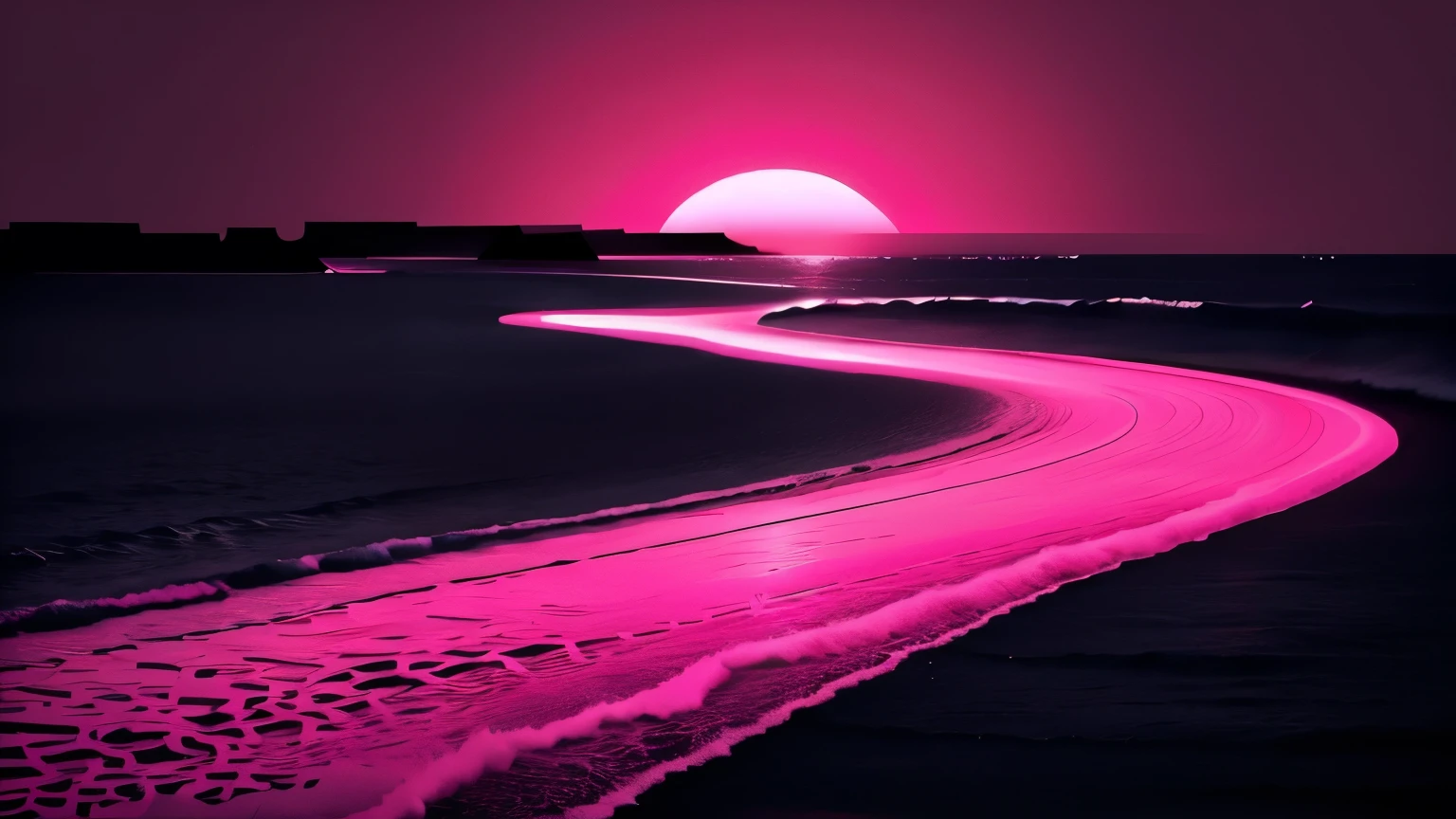 a pink line，shaped like a sunset，Drag across the beach, Vibrant pop surreal style, deep black and pink, ·Hadi Ghazal, realistic color scheme, splash of color, monochromatic color scheme, Glow shadows