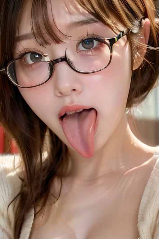 woman, beautiful girl, 、 Baby Face, Realistic skin of the highest quality, Eyes are focused, 20-year-old, Sticking out tongue, Focus on the mouth, Open your mouth, Long Tongue, saliva, Open your mouth , You can see inside the mouth, Open your mouth Sticking out tongue, Realistic tongue、Provocative eyes、look up、attractive、Blonde、Wearing glasses