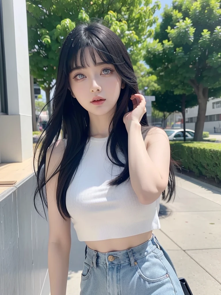 25-year-old female,Black Hair,Asian,Korean style long hair,Headband,Long Bangs,Blue Eyes,Dark Skin,Riders,Selfie