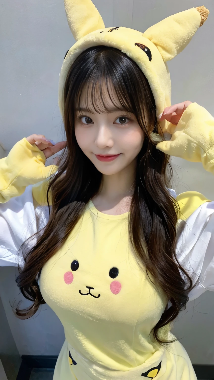 a cute busty Asian woman in a cute sexy Pikachu costume 