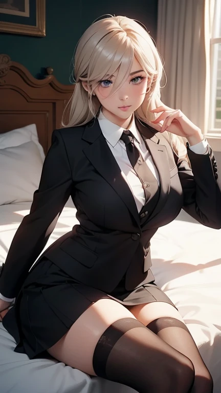 Lunatierke Tiague, Whimsical tears, Blonde hair, (Green eyes:1.5), Hair intake, Long hair, low-tied long hair, Glasses,
Breaking a business suit, Formal, Jacket, pantyhose, pencil skirts, Skirt, Skirt suit, Suit, thighs thighs thighs thighs, Black Suit, Black jacket, Black skirt,sleep、((Toe of tights))、((Open legs))、(huge tit)、
Watch your audience and take a break,(Bedroom)、on the beds、BREAK (masutepiece:1.2), Best Quality, High resolution, Unity 8k壁纸, (Illustration:0.8), (Beautiful detailed eyes:1.6), extra detailed face, Perfect Lighting, extremely details CG, (Perfect hands, Perfect Anatomy),