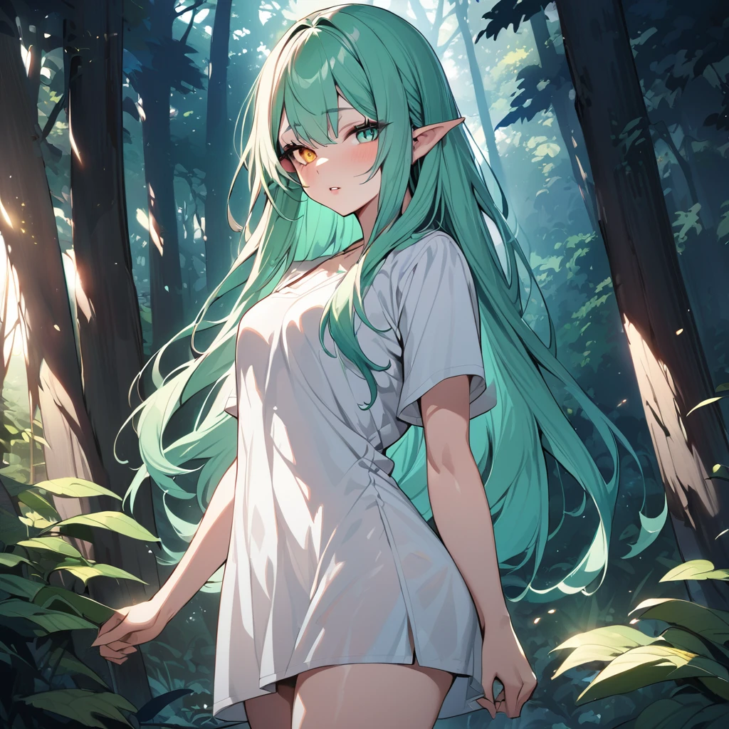 Cowboy Shot, One girl, Elf Girl, (Heterochromia iridis:1.2), Green Eyes, Yellow Eyes, Beautiful Eyes, Mint Hair, Long Hair, Straight Hair, Pretty lips, White tunic, Forest Background, sun rays, (masterpiece, Best Quality), Font lighting, Bright colors, Vibrant