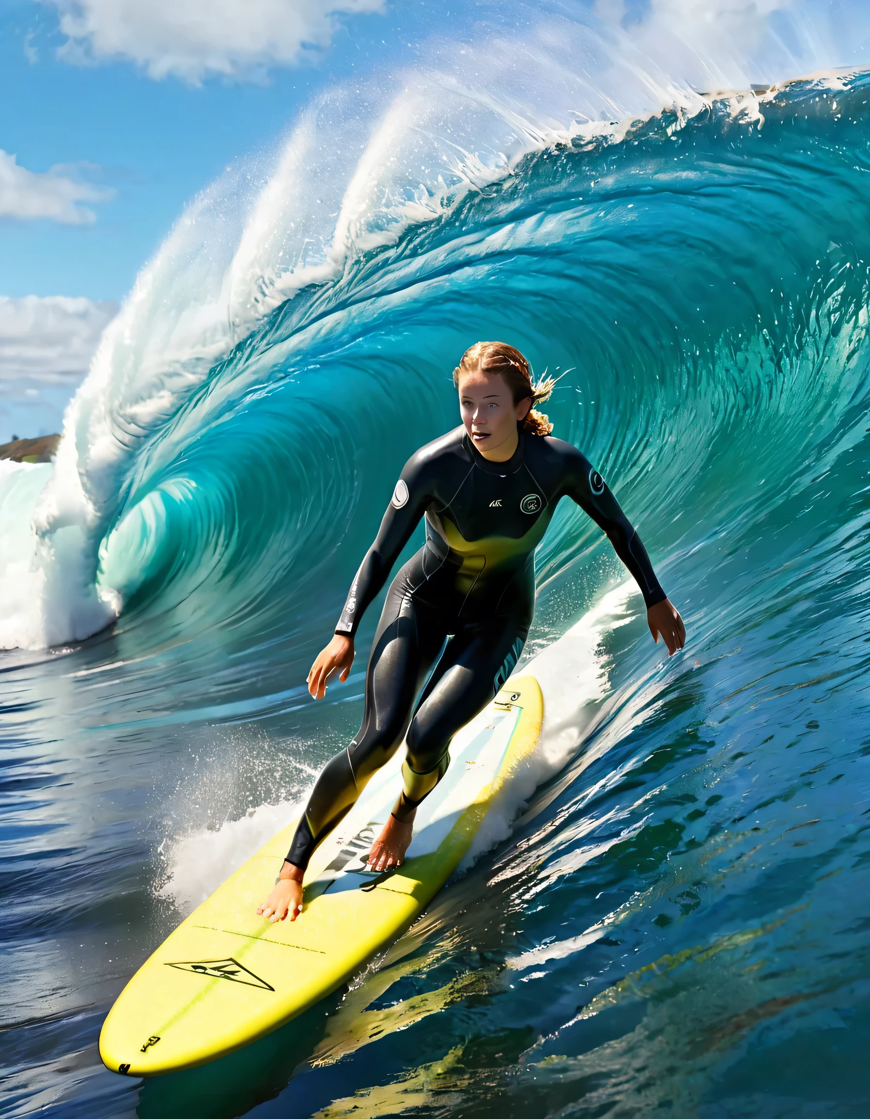 Female surfer riding big big wave pipeline、Dramatic ocean waves、Cloudy、Sun glare、Wetsuits、Dynamic Motion Blur:1.5、Splash of the sea、Bright colors、Photorealistic、8k、Highest quality、masterpiece、Super detailed、Extremely detailed