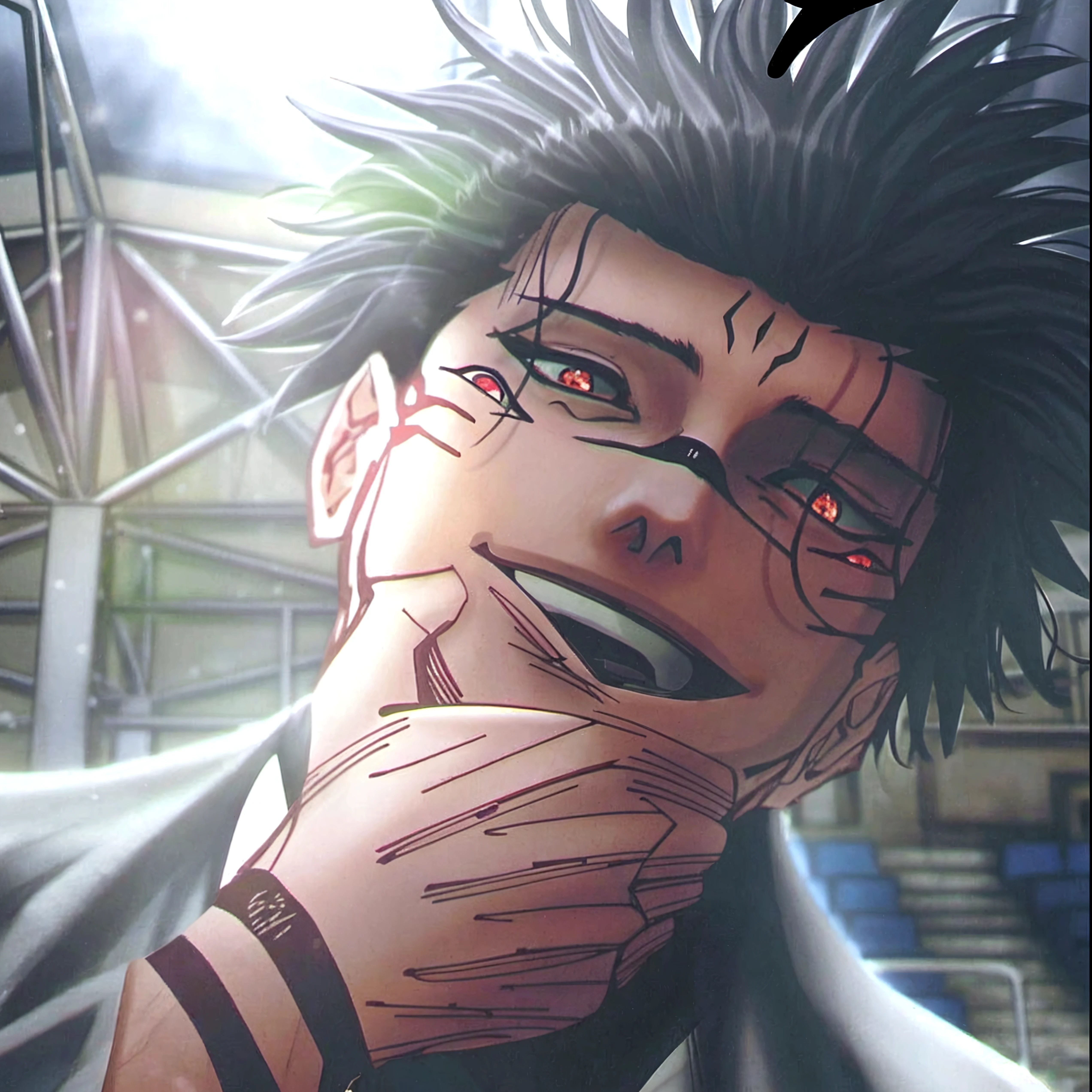 a anime of a boys manga, Crew Cut hairstyle, black hair color, blue eyes, white shirt, text manga, color manga, manga color, color manga, color manga panel, aura background