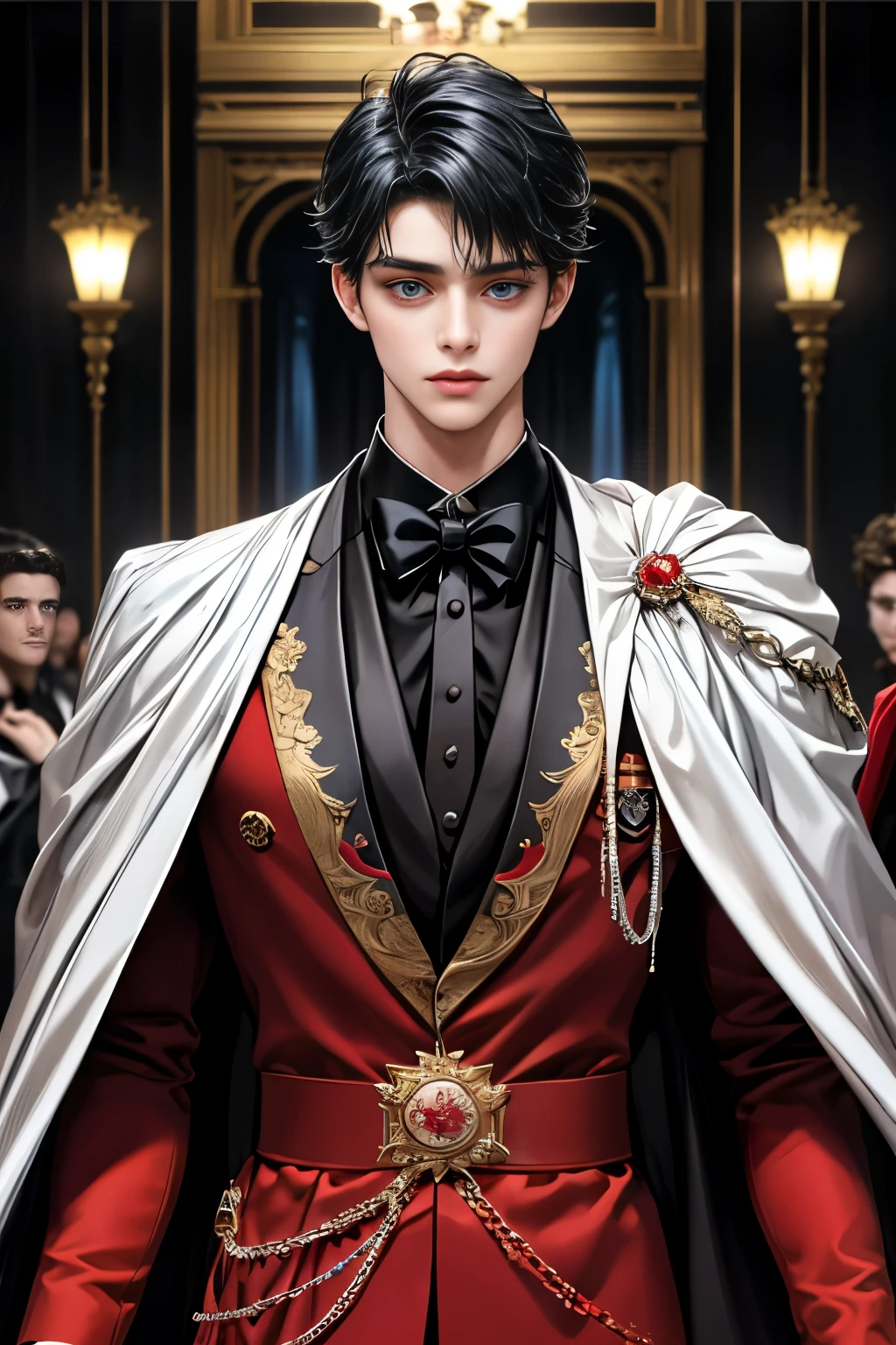 masterpiece, 最high quality, high quality, 1 boy, alone, Male focus, Upper Body,Watching the audience, Messy black hair, Adorable big blue eyes, White, Noble, Noble,A black and red cape that is bursting with sexy volume、Tuxedo、A very voluminous, large, very large, very large, long, long red and black cape with a high stand-up collar, made of a lot of fabric that reaches down to the floor., ,cute beautiful,Cute, cute, kind, handsome guy