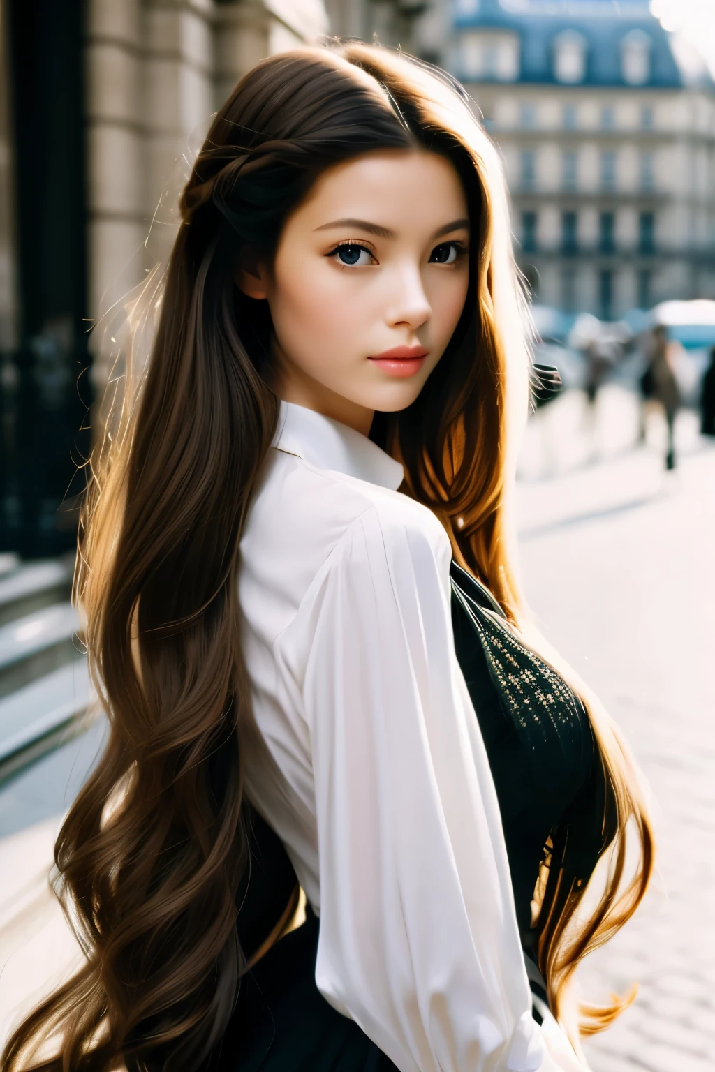 2010 film still movie, long hair, elegant parisian girl wearing chic style, portrait