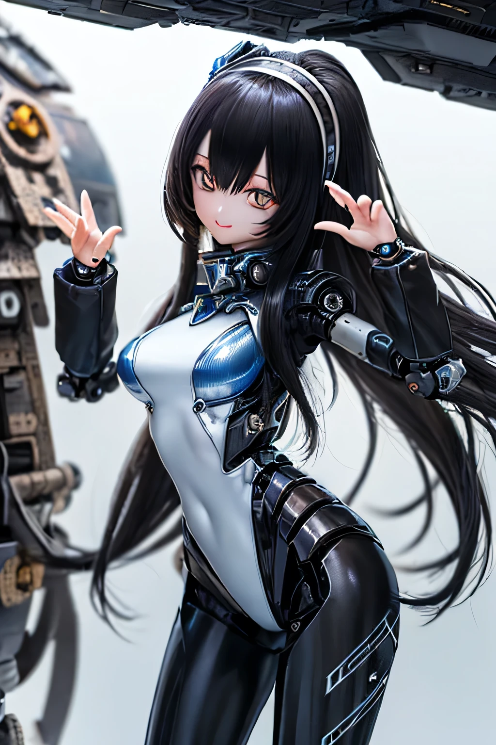 (SFW:2), photorealistic, realistic photo, 8k, Canon EOS, ((highest quality)), ((masterpiece)), (extremely detailed), kukolnydom, doll, mecha musume, mechanical parts, mechanical legs, ((robot joints)), bodysuit, (cowboy shot, spaceship room, mature woman, 23yo, 23_years_old, solo:1.6), (standing, raised hand, light smile, black hair, long hair, hairband, medium breasts, glass eyes, shining eyes, detailed face:1.3)