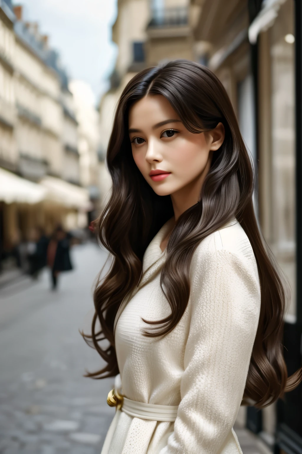 2015 film still movie, long hair, elegant parisian girl wearing chic style, portrait