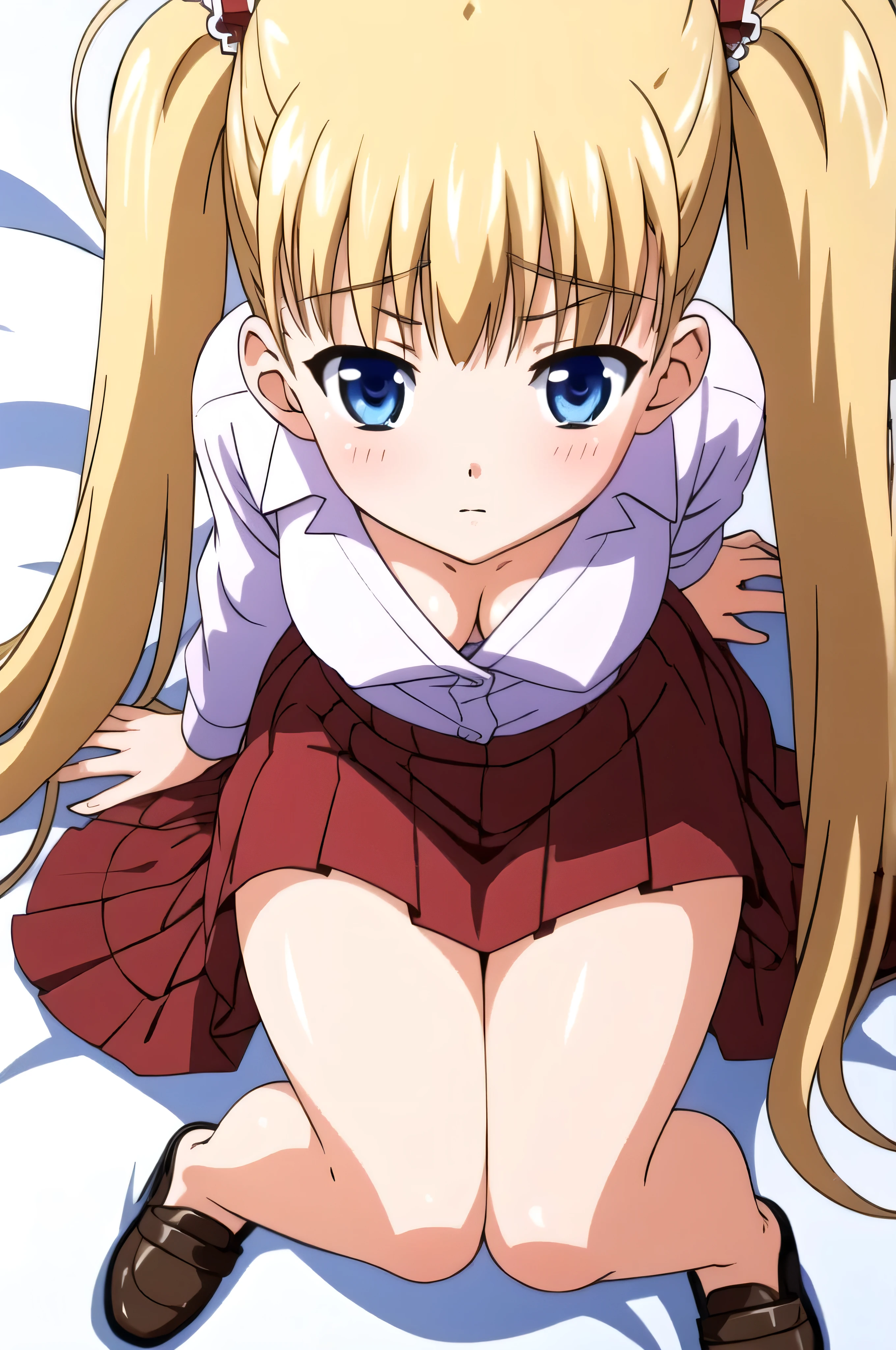 masterpiece, Highest quality, so beautiful, Long Hair, Blonde, Hair Ribbon, blue eyes, Smaller head, Earrings, (red_Tank top:1.5), (white_Long skirt:1.5), grassland, Are standing, Cowboy Shot, Mid-chest, smile, red面, Wink, (Lift up the skirt:1.5), (white_Panties:1.5), (Thick thighs:1.5), (Wide pelvis:1.5), (Diagonally below:1.5)