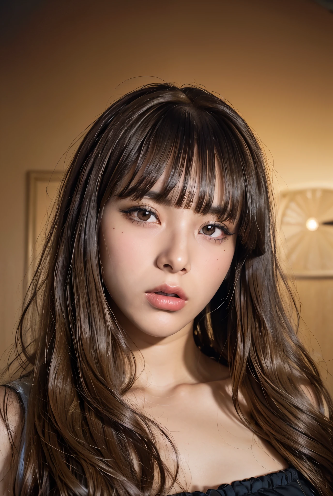 Ultra-realistic movie master piece featuring ultra-detailed golden-time portraits, high quality, 8k, Tabletop, ), 1 Girl 2、Fashion Supermodel, ((light dark short (((Side Swept Bangs))), Very detailed))、masterpiece, high quality, high quality, High resolution、(Face close-up), black_Apply mascara to make your eyelashes longer:1.5, dark (eyeshadows:1.25), (Shiny) red_lips:1.44, ((brown_eye)), ((iridescent eye)), vibrant eye:1.2, Contrast, (dark shot:1.2)