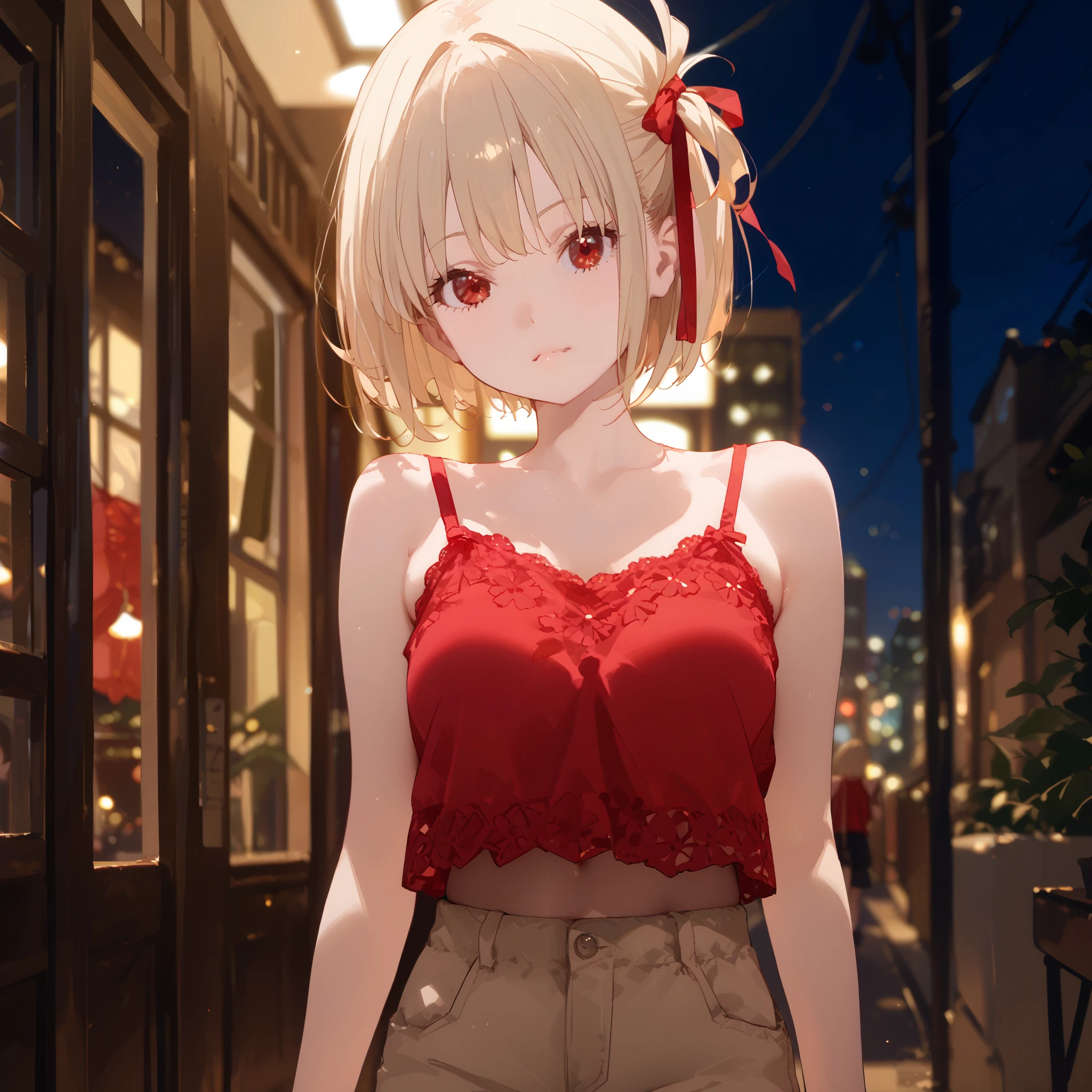 Red camisole、Shorts、evening,1girl,chisato nishikigi, short hair, bangs, blonde hair, red eyes, hair ribbon, One side up, bob cut,