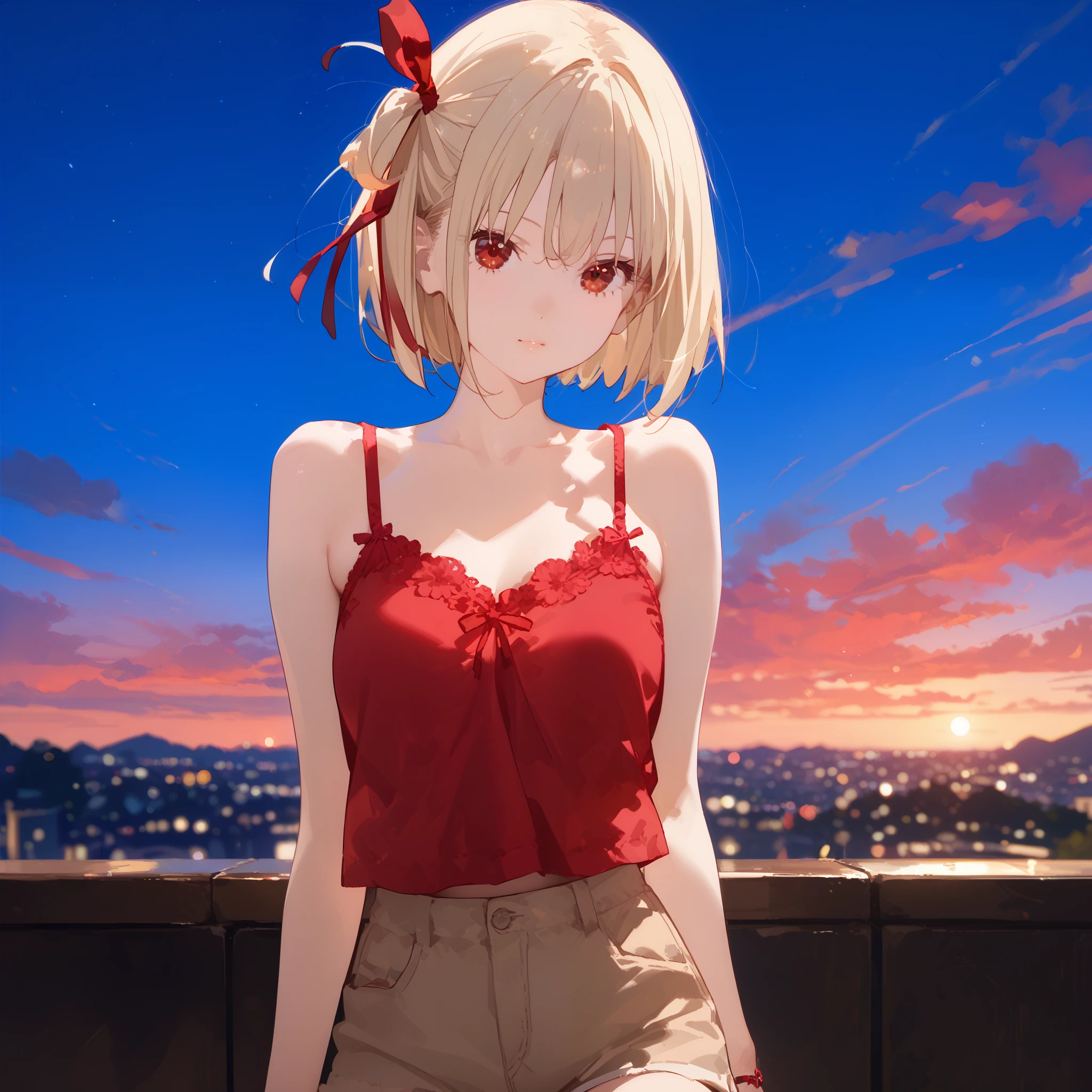 Red camisole、Shorts、evening,1girl,chisato nishikigi, short hair, bangs, blonde hair, red eyes, hair ribbon, One side up, bob cut,