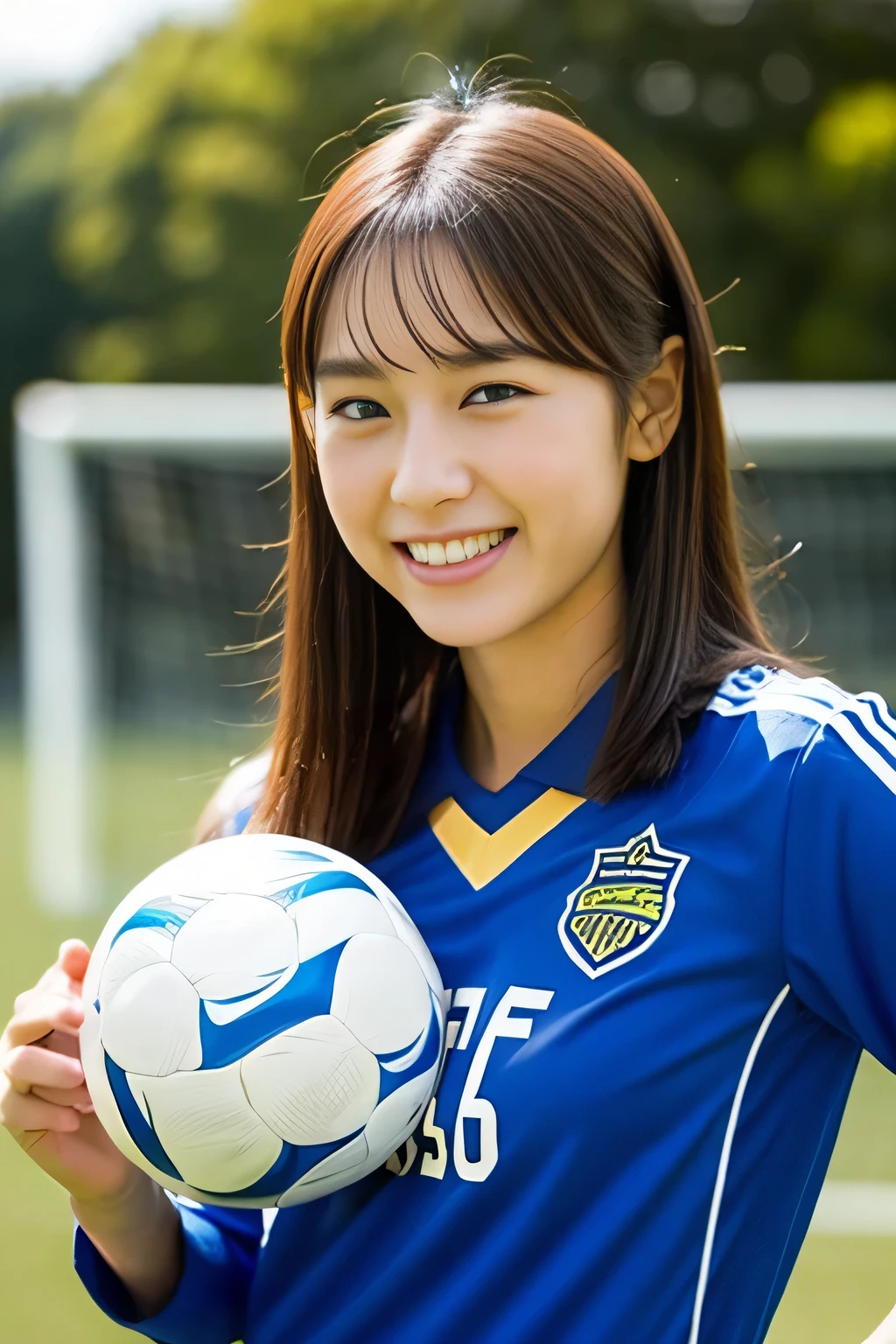 A beautiful girl wearing a soccer team uniform is smiling and holding a ball