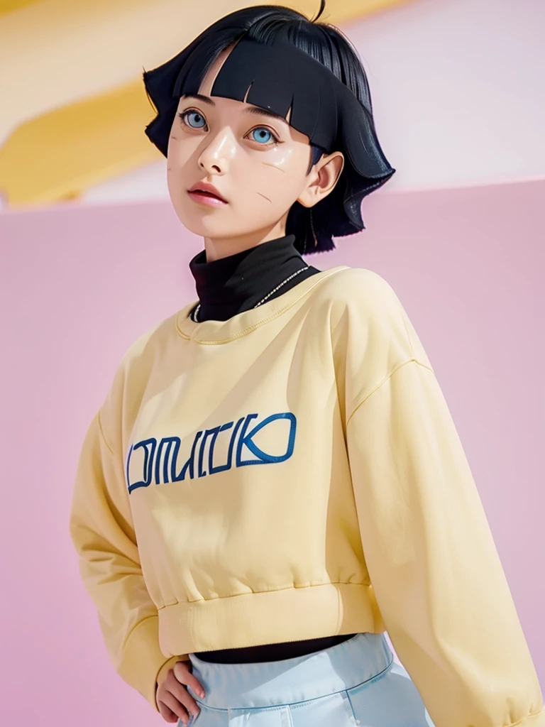 Uzumaki hinawari standing stylish,Very beautiful  tiktok video, talking , very cute features, cute features, 8 k ultra realistic, live footage, iphone video, live, real footage, trending on artstatoon, Her shirt says Rama, Her shirt has Rama written on it, Rama brand clothes