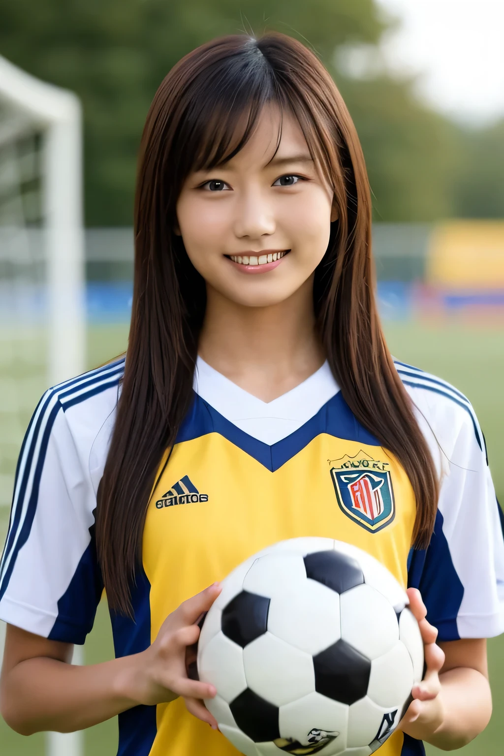 A beautiful girl wearing a soccer team uniform is smiling and holding a ball