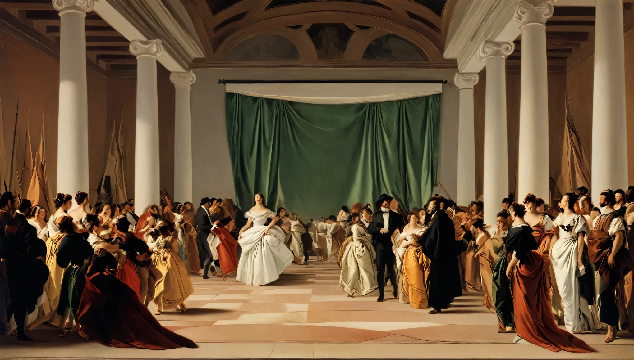 score_9, score_8_up, score_7_up, 1girl, A ball room full of people, graceful figures, Soft, flowing brushstrokes, Delicate, pastel colors, Flowing drapery and fabric folds, by Albert Bierstadt, by Caravaggio Michelangelo Merisi, Oil Paint, Color Grading, Vintage, Supplementary-Colors, Crepuscular Rays, Ray Tracing Reflections, high resolution, high quality, sharp focus, perfect lighting, perfect colors, perfect perspective, balanced composition,
