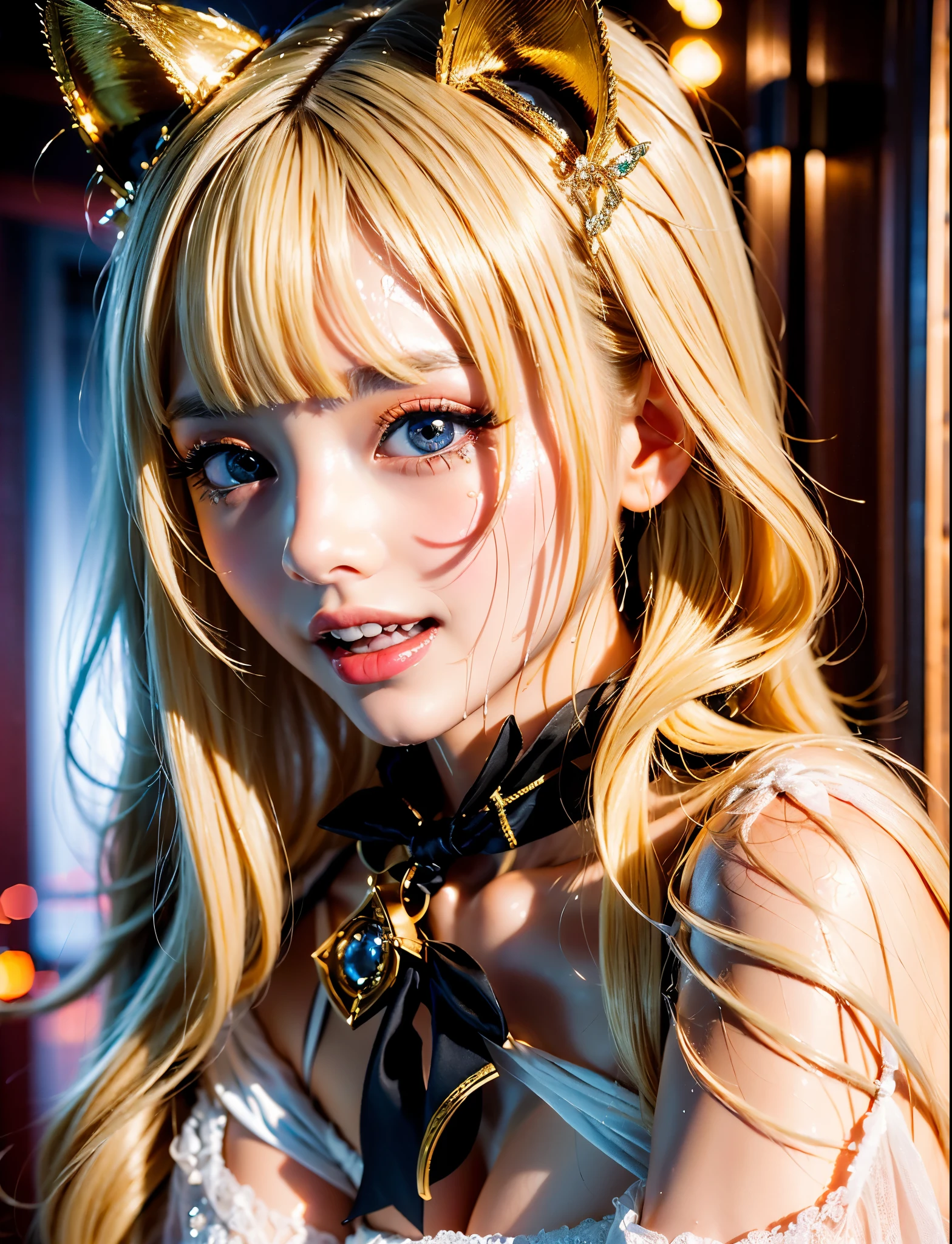 ((masutepiece))、ultra-detailliert、An ultra-high picture quality、The ultra -The high-definition、Super masterpiece、((hyperdetailed photo))、Detailed skin、with round face、Brown eyebrows、((Grinning))、((cross chain necklace))、((Black eyes))、huge-breasted、((Beautiful big eyes)),tits out、Young Face、Grinning、Thin laughter、((Tie a small amount of hair on each side with a black rubber band.))、European luxury hotels Edium Hare))、((Glowing blonde hair))、((15 year old woman))、dark atmosphere photo、Japan Idol Girl、Red Lip、Straight hair、Black Lolita Dress、cleavage of the breast