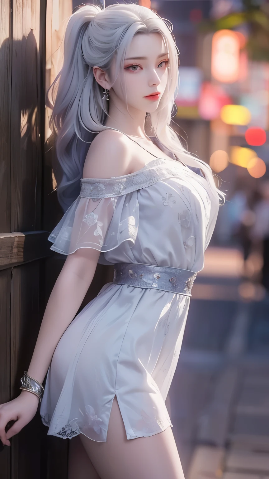 Best quality, masterpiece, ultra high resolution, (Reality:1.4), Original photo, Aesthetics and atmosphere, hidden gun, Film Grain, Soft Focus, Bokeh, Night Shooting, masterpiece realistic volumetric light,,1 girl, Purple Eyes, White hair, curls, giggle, (freckle:0.8), thigh, Medium chest, Upper body, (Shiny:1.3) Sequined long cns dress, Ray Traced Reflections, Desert Street, Footprints, City Lights, Sky, Leaning against the wall, From the side,