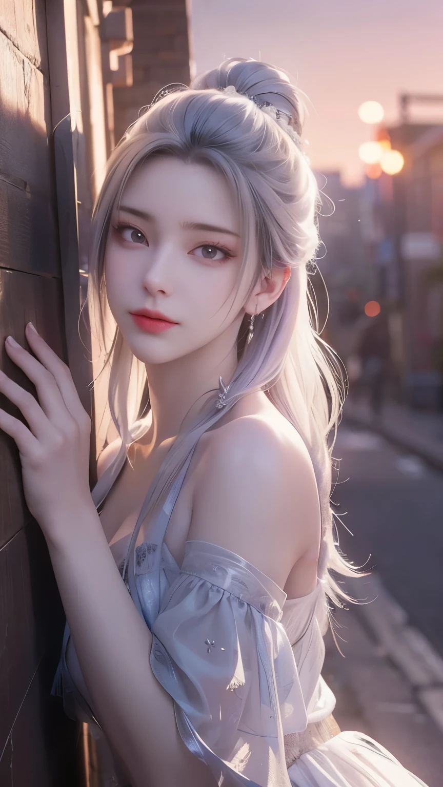 Best quality, masterpiece, ultra high resolution, (Reality:1.4), Original photo, Aesthetics and atmosphere, hidden gun, Film Grain, Soft Focus, Bokeh, Night Shooting, masterpiece realistic volumetric light,,1 girl, Purple Eyes, White hair, curls, giggle, (freckle:0.8), thigh, Medium chest, Upper body, (Shiny:1.3) Sequined long cns dress, Ray Traced Reflections, Desert Street, Footprints, City Lights, Sky, Leaning against the wall, From the side,