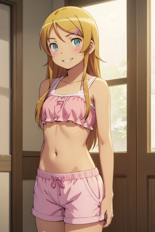 young teen girl, thirteen years old, Kirino from Oreimo, slim petite figure, wearing pink cotton shorts, bare upper body with long hair covering her bare small breasts, smiling innocently unaware of exposed body
