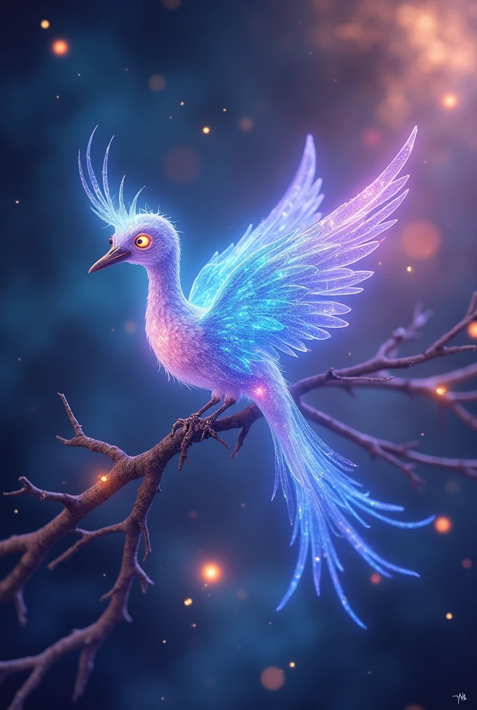 Create an ethereal, luminous bird with fluorescent feathers in shades of blue, purple, and white, perched on slender, swirling branches. The bird should have an otherworldly glow, with its body and wings glowing, giving it a magical feel of, celestial bodies appear. Surround the birds with a dreamy, cosmic background featuring bright colors such as deep blues, violets, and oranges. Incorporating swirls, thin clouds and light trails give a sense of movement and illusion feeling. Add subtle sparkles and glowing orbs to enhance the mysterious atmosphere. The overall composition should be whimsical, enchanting, and filled with a sense of wonder and serenity.