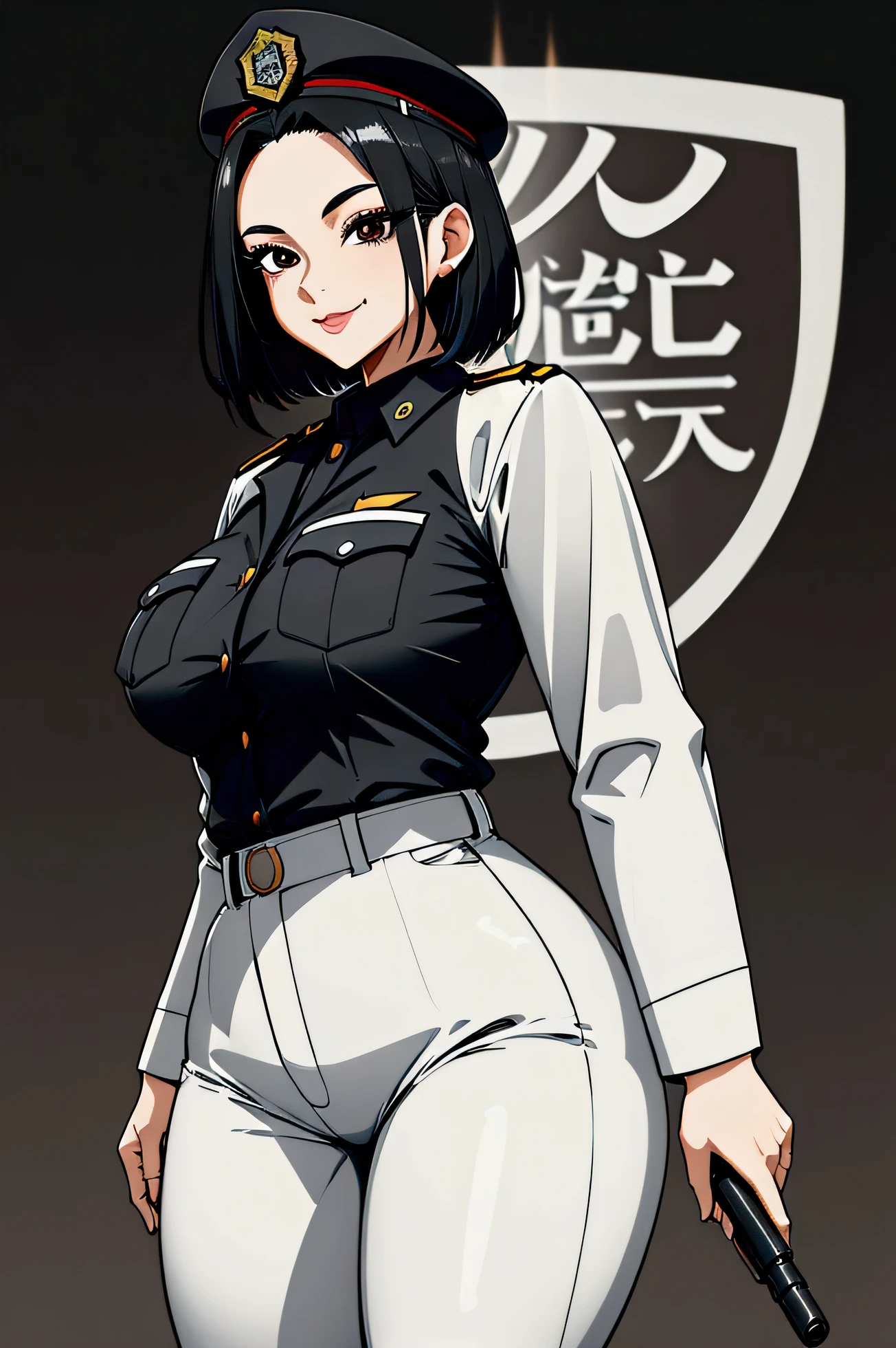 woman with short hair parted in the middle, straight hair, forehead, black hair, black eyes, police hat, smile, white skin, make up, brown uniform cloth, black pants, curvy body, five fingers, holding agun, front view