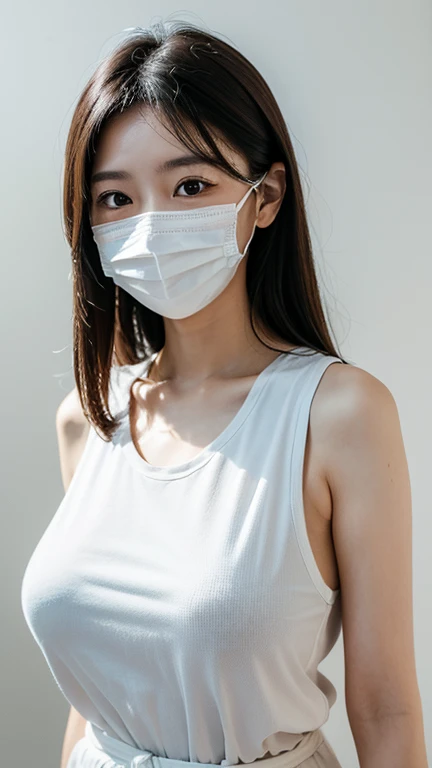 Hyper realistic portrait of a  girl, medium length curly hair, wearing white shirt with rolled up sleeves up to the shoulder level, face mask, raising her arms up, sweaty clothes, closed eyes, sweaty armpits, armpits,