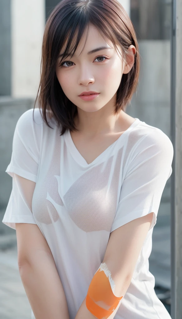 Realistic, 8k, Full body portrait, Beautiful woman, Attractive appearance, short hair, , Kamakura, Winters, linen, Small breasts, light makeup, sternum, clavicle, Upper Body, naked, Armpit sweat