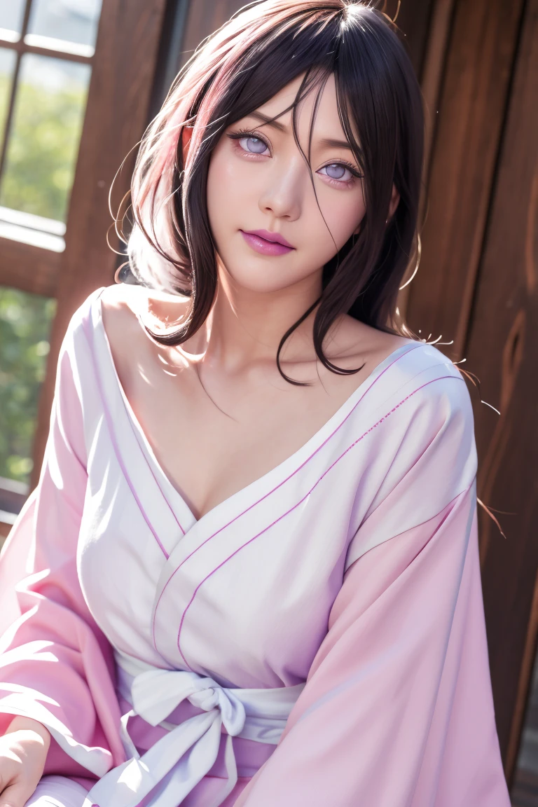 white eyes, masterpiece, absurdres, hinata\(boruto\), 1girl, solo, female in twenties,floral white yukata, looking at viewer, (falling petals), perfect composition, detailed lips, small breast, beautiful face, body propotion, blush, (pink lips), long hair,  purple eyes,  soft gaze,  super realistic, detailed, photoshoot, realistic face and body, thighhighs