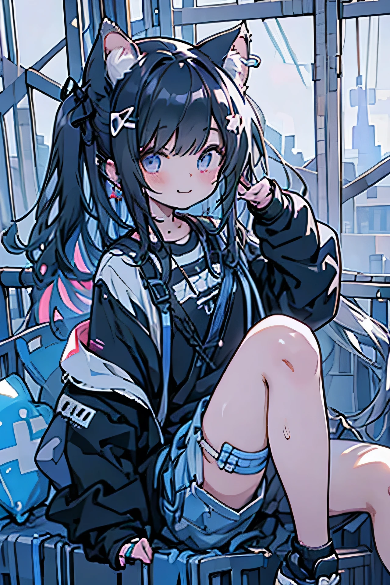 One girl, masterpiece, Very detailed, , smile,
Side-swept diagonal bangs, hairpin, Cat ears black　Ribbon Ultra High Definition, Long Hair, Black Hair, Piercing high quality model, 