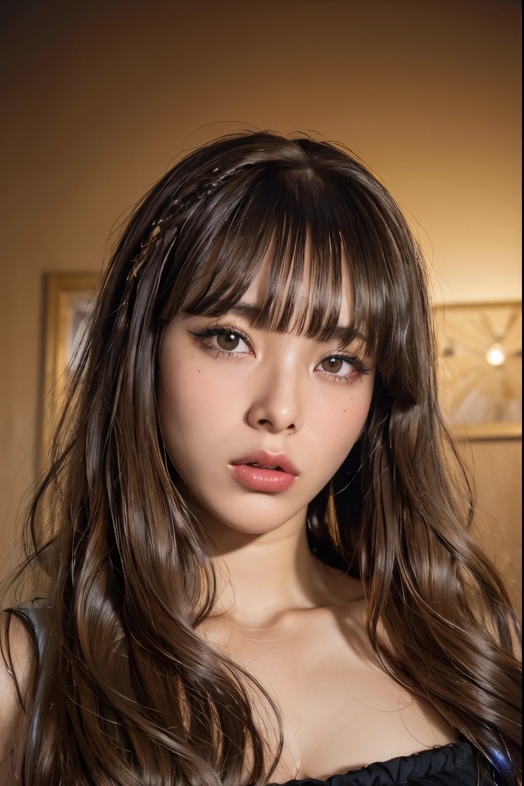 Ultra-realistic movie master piece featuring ultra-detailed golden-time portraits, high quality, 8k, Tabletop, ), 1 Girl 2、Fashion Supermodel, ((light dark short (((Side Swept Bangs))), Very detailed))、masterpiece, high quality, high quality, High resolution、(Face close-up), black_Apply mascara to make your eyelashes longer:1.5, dark (eyeshadows:1.25), (Shiny) red_lips:1.44, ((brown_eye)), ((iridescent eye)), vibrant eye:1.2, Contrast, (dark shot:1.2)、Full Cheeks