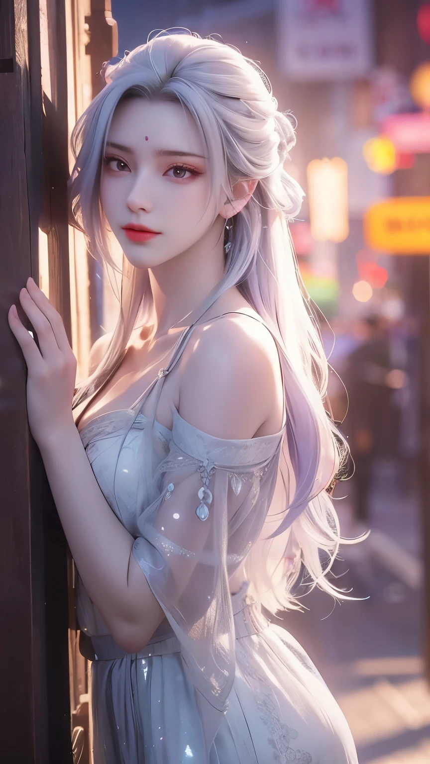 Best quality, masterpiece, ultra high resolution, (Reality:1.4), Original photo, Aesthetics and atmosphere, hidden gun, Film Grain, Soft Focus, Bokeh, Night Shooting, masterpiece realistic volumetric light,,1 girl, Purple Eyes, White hair, curls, giggle, (freckle:0.8), thigh, Medium chest, Upper body, (Shiny:1.3) Sequined long cns dress, Ray Traced Reflections, Desert Street, Footprints, City Lights, Sky, Leaning against the wall, From the side,