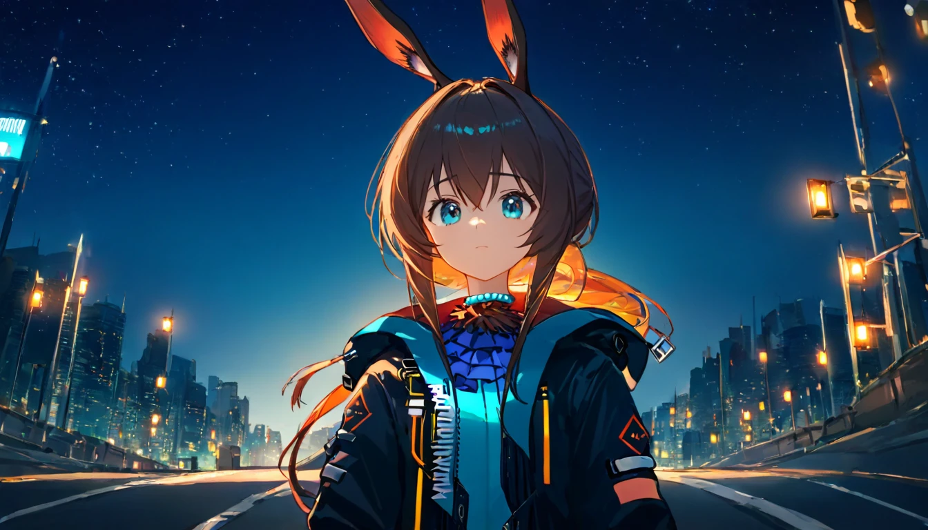 anime artwork 1girl named amiya(arknights) standing on road in night,upper body, . anime style, key visual, vibrant, studio anime,  highly detailed