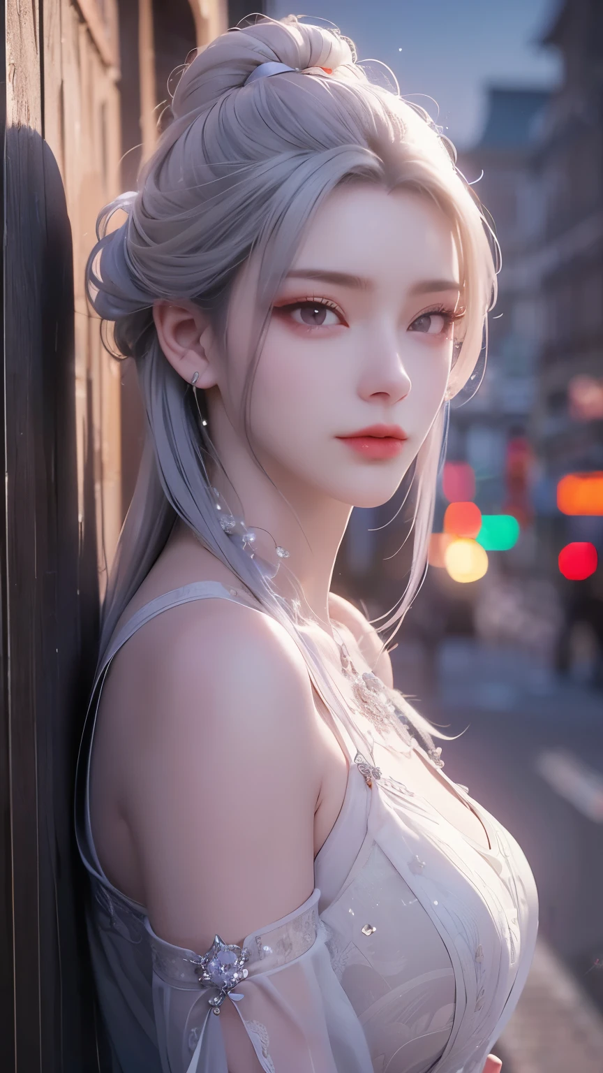 Best quality, masterpiece, ultra high resolution, (Reality:1.4), Original photo, Aesthetics and atmosphere, hidden gun, Film Grain, Soft Focus, Bokeh, Night Shooting, masterpiece realistic volumetric light,,1 girl, Purple Eyes, White hair, curls, giggle, (freckle:0.8), thigh, Medium chest, Upper body, (Shiny:1.3) Sequined long cns dress, Ray Traced Reflections, Desert Street, Footprints, City Lights, Sky, Leaning against the wall, From the side,