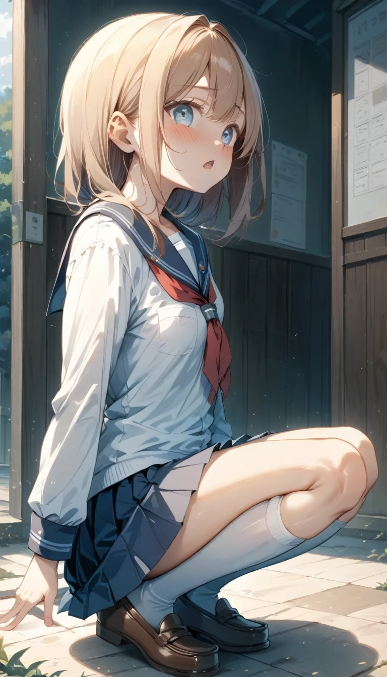 One beautiful girl、High school girl、 (((Ultra-high resolution、Ultra high definition、Highest Settings、８k、)))、Small breasts、clear、Shyness、blush、４k、student、uniform、squat、Looking up at me、the way、whole body、loafers、Pleated skirt、Pink Panties、