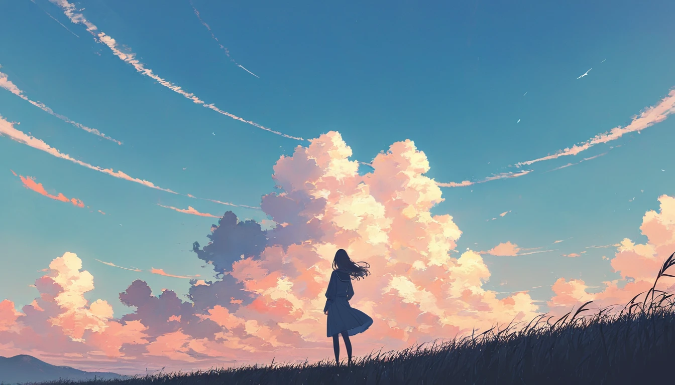 One woman,Pastel colors,Standing under the blue sky,View from afar,A touching scene