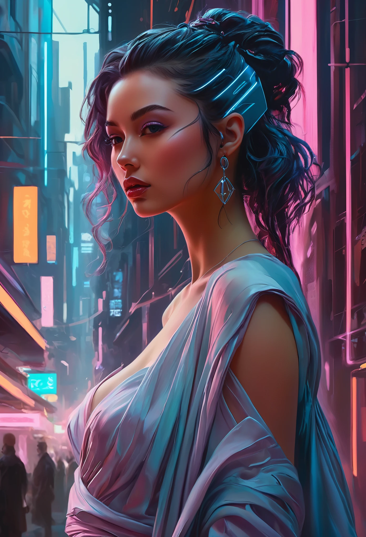 score_9, score_8_up, score_7_up, 1girl, A portrait of a beautiful woman in a cyberpunk setting, Feminine, graceful figures, Soft, flowing brushstrokes, Delicate, pastel colors, Flowing drapery and fabric folds, Oil Paint, Color Grading,  Supplementary-Colors, Crepuscular Rays, Ray Tracing Reflections, high resolution, high quality, sharp focus, perfect lighting, perfect colors, perfect perspective, balanced composition,
