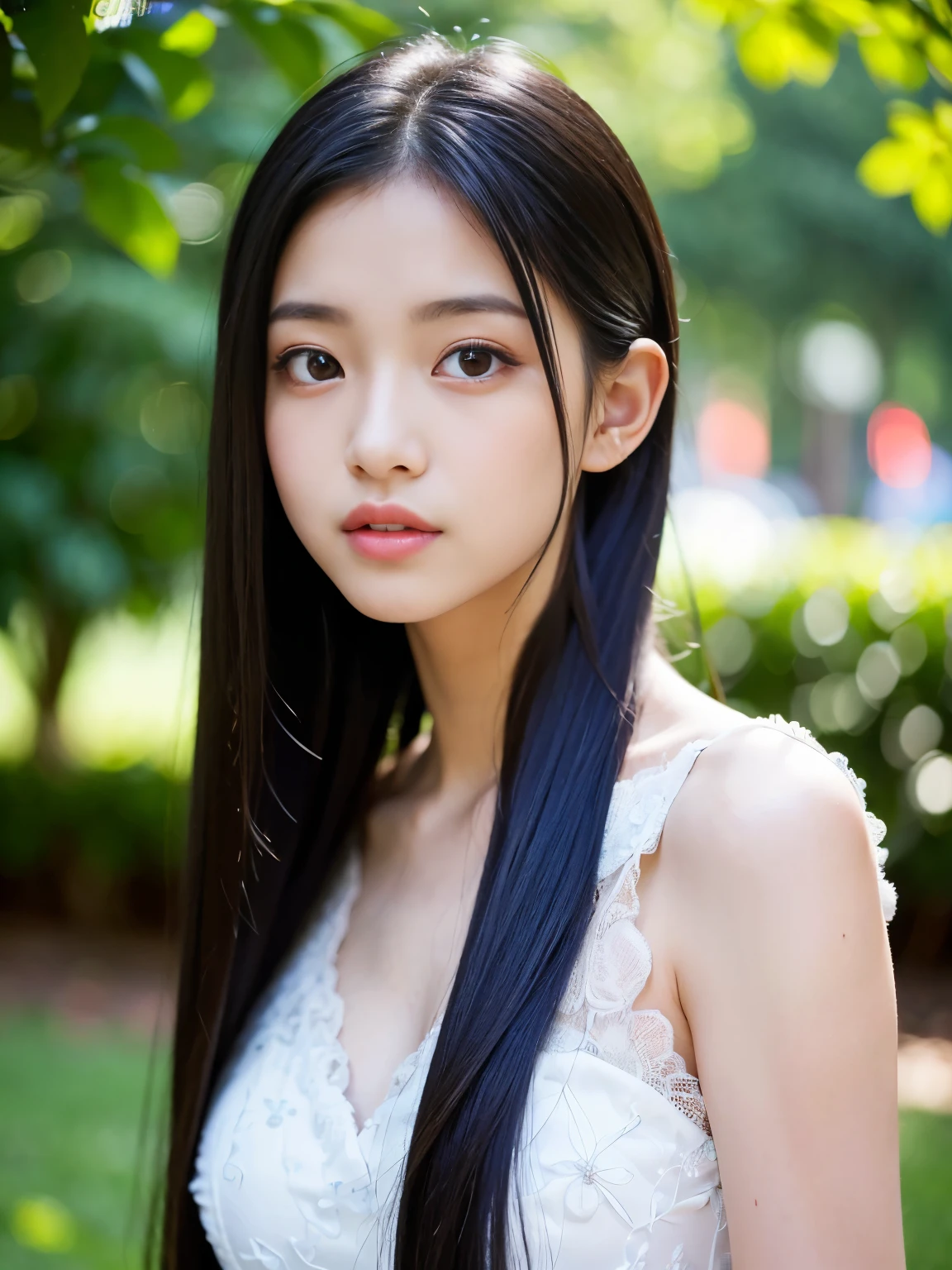 A girl with white skin, white eyes, and long black hair.
