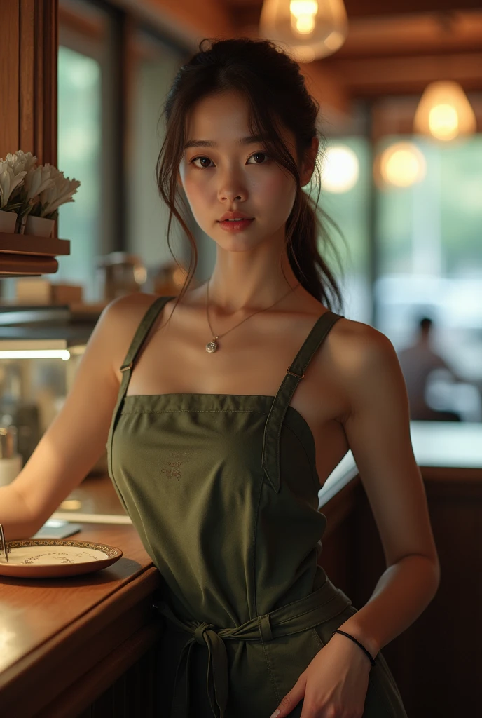 (Realistic、Photorealistic、Ultra-detailed、Highest Detail Skin、highest quality、masterpiece、超A high resolution)、Very cute Japanese woman、18-year-old、Gradient lighting、One Girl、Purelos Face、(((((Naked Apron、Wear only an apron、Green apron only、No clothes)))))、(((Coffee shop clerk、Serve customers at the counter)))、On the bed、Laughter、Realistic skin types、Perfect Style、Gravure idol pose、shortcut、double eyelid,((The camera is from the side of the body)),Small breasts、Nipples