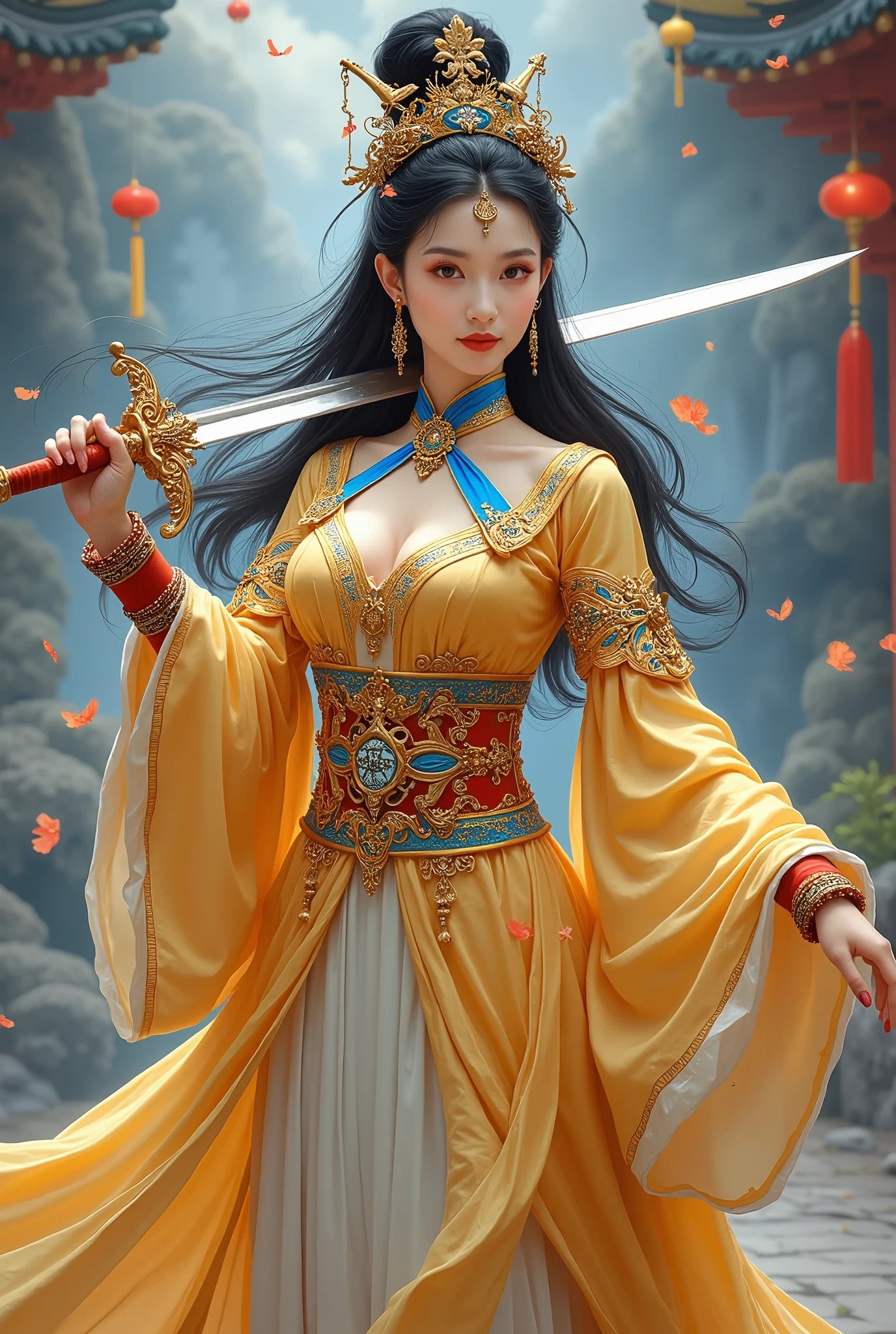 Beautiful Chinese art style illustrations，Depicts a queen holding a sword and a magic altar。She was dressed in a gorgeous golden dress.，A blue ribbon is tied around his neck。The Queen has dark hair and dark eyes，The background is a Chinese fantasy world with mythological and traditional Nantianmen elements, 1wdnh1